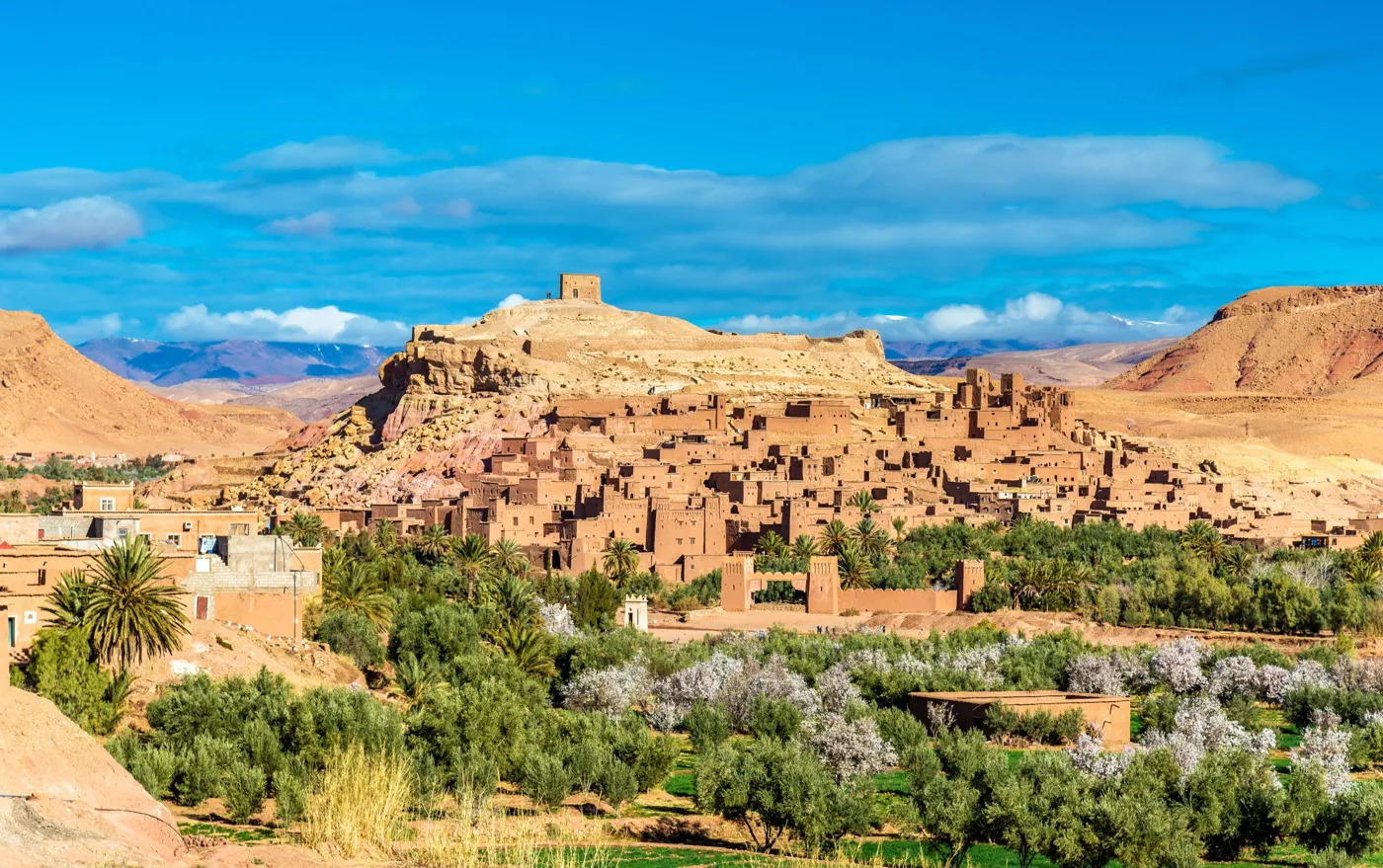 The ksar of Aït Benhaddou above palm and almond groves