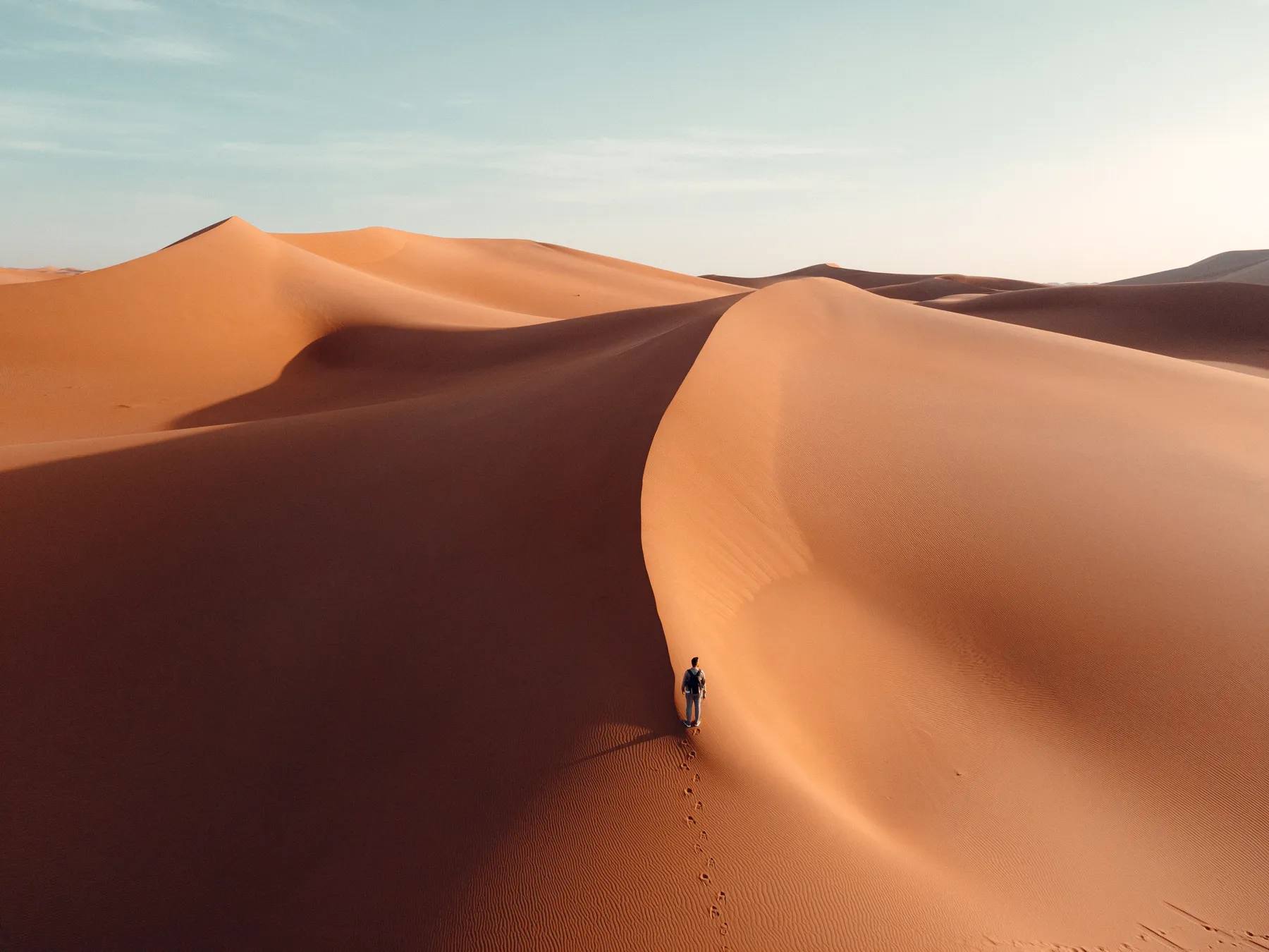A lone walker on the sharp ridge of a Sahara dune