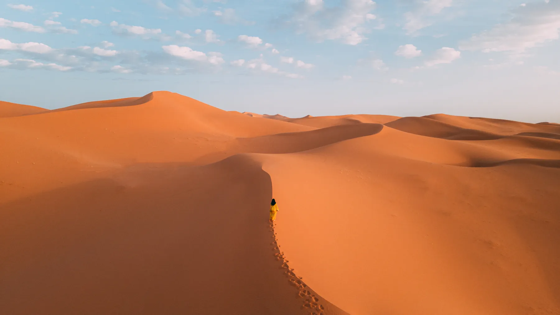 A traveller walking along a dune crest in the Sahara